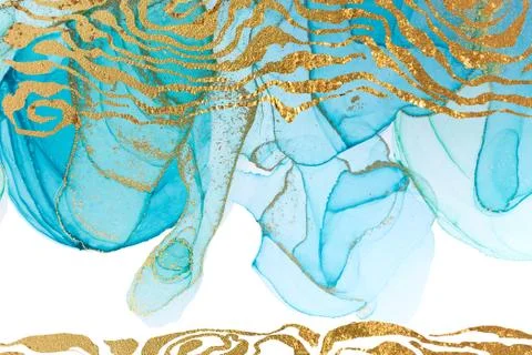 Blue abstract pattern with golden waves. Ocean style watercolor texture. Illustrazione stock