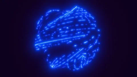 Blue abstract sphere turns slowly in darkness, formed from bright dotted pa.. Stock Footage 346772875
