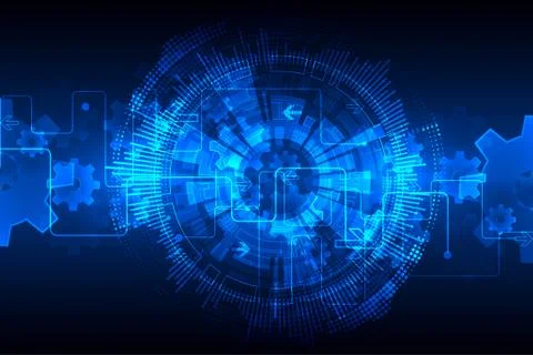 Blue abstract technological background with various technological elements. Illustrazione stock