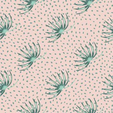 Blue abstract tropic bush elements seamless doodle pattern. Pink dotted backg Stock Illustration