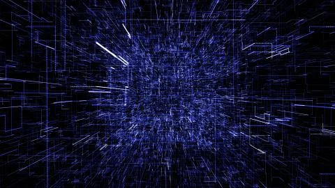 Blue abstract virtual space. 3d illustration flying through digital data tunnel Illustrazione stock