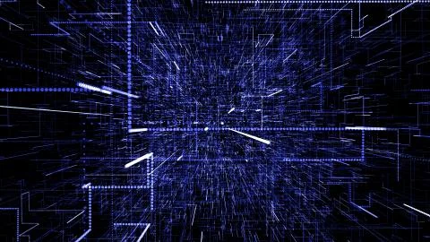 Blue abstract virtual space. 3d illustration flying through digital data tunnel Illustrazione stock