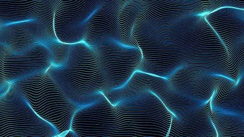 Blue abstract waves on black background - shape made of lines Stock Illustration