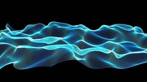 Blue abstract waves on black background - shape made of lines Stock Illustration