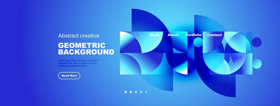 Blue abstract website header design. Geometric shapes, text elements, navig.. イラスト素材