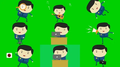 Blue actions on green screen featuring man magnifier music jump briefcase Stock Footage 334704273