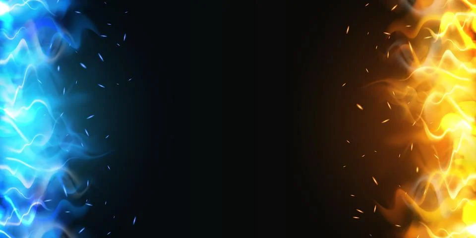 Blue against orange fire flame frame, vector fiery black background with tongues Stock Illustration