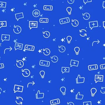 Blue AI assistant seamless pattern with white line icons of chat bubbles, Stock Illustration