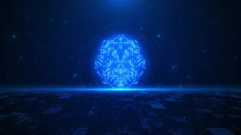 Blue AI brain circuit background glowing neural paths, digital floor, particles, Stock Footage 333982172