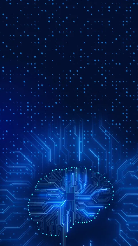 Blue AI brain circuit data glowing chip pattern, dotted digital field, and futur Stock Footage 340525435