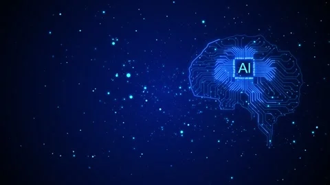 Blue AI brain circuit glowing chip, digital particles, deep tech space, futurist Stock Footage 340471957