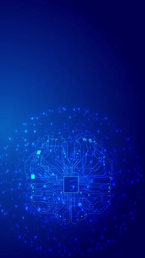 Blue AI brain circuit glowing processor core, binary numbers, neural lines, Stock Footage 340527695