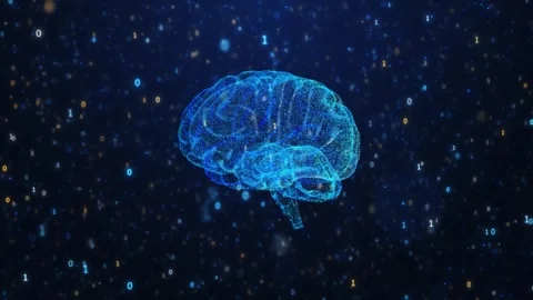 Blue AI brain data background with glowing neural particles, floating binary num Stock Footage 340552874