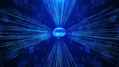 Blue AI brain data tunnel glowing light streams, digital blocks, perspective Stock Footage 333973061