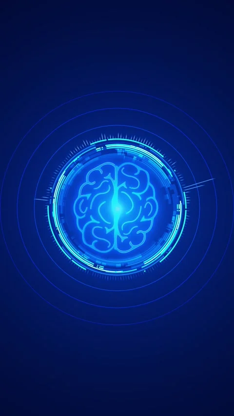Blue AI brain HUD interface neural icon, circular scanner rings, futuristic digi Stock Footage 340566152