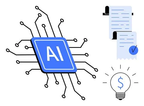 Blue AI chip with circuits in connection, a document with a checkmark, and a  Stock Illustration