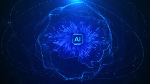 Blue AI circuit brain with glowing chip center, processor lines, orbit waves, Stock Footage 333975433