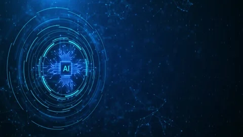 Blue AI circuit interface background glowing processor circular HUD rings, netwo Stock Footage 340410334