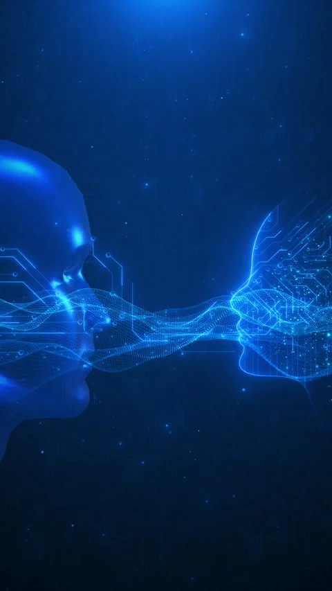 Blue AI communication faces background futuristic profiles, data waves, digital Stock Footage 340411125