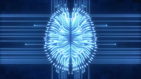 Blue AI computer circuit brain with electrical pulse Video stock 154201419