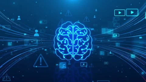 Blue AI content network visual glowing brain outline, media icons, alert symbols Stock Footage 340567473