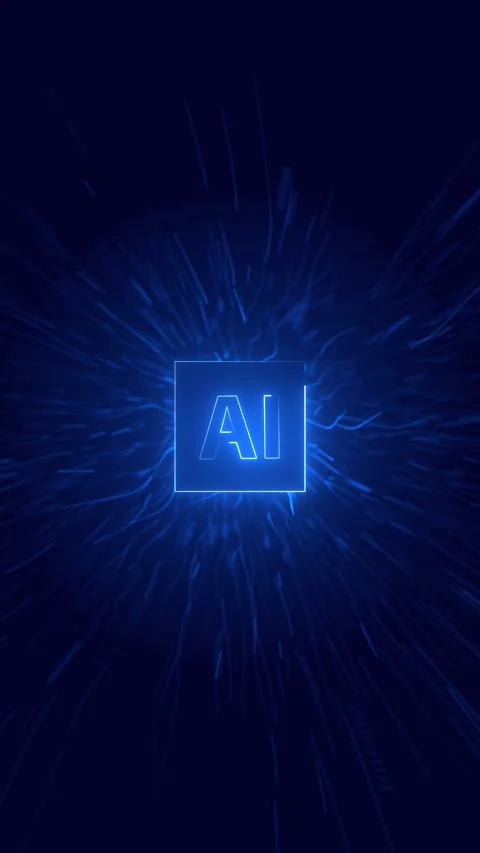 Blue AI data burst glowing square chip, fast light rays, neural motion lines, de Stock Footage 340567607