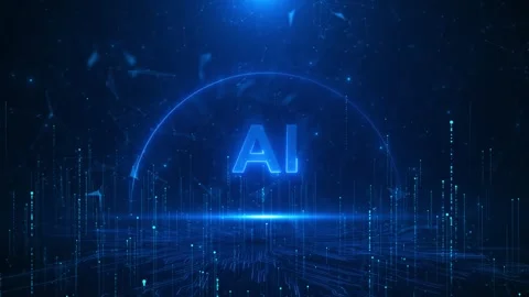 Blue AI digital network background glowing letters, data skyline, circuit floor, Stock Footage 340410195
