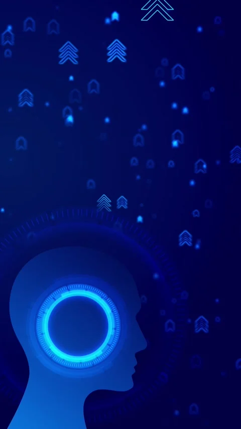 Blue AI gear head glowing cog interface, human profile silhouette, arrow icons, Stock Footage 340528001
