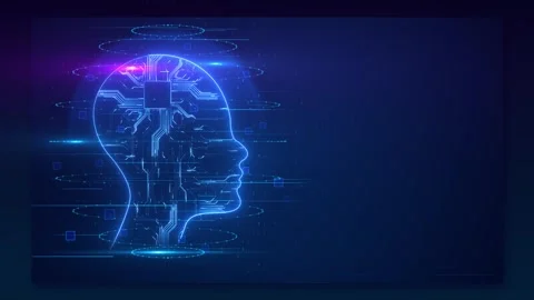 Blue AI head background glowing circuit lines, central chip, data rings, and dar Stock Footage 340402859