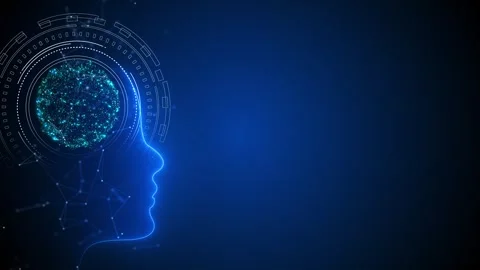 Blue AI human mind background brain particles, HUD rings, network lines, large c Stock Footage 340398975