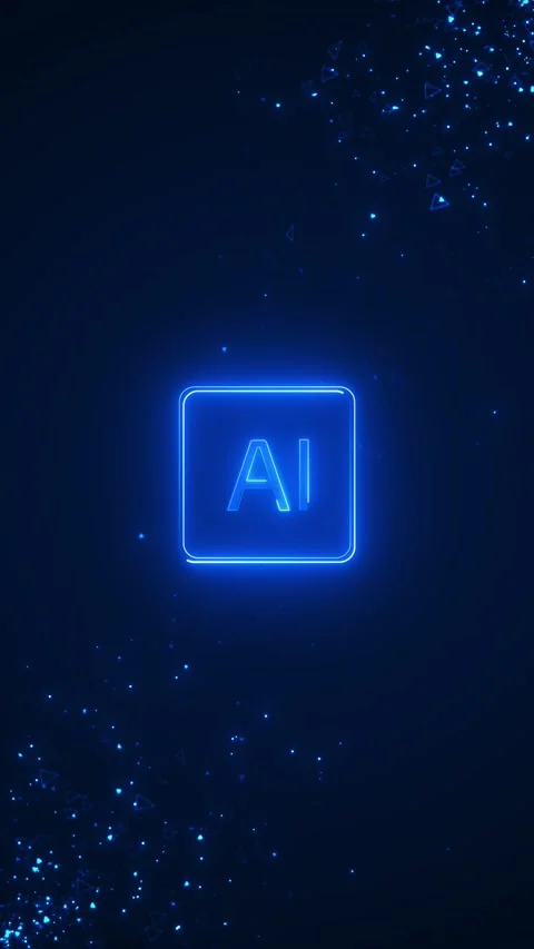 Blue AI icon technology glowing square badge, dark particles, and futuristic dig Stock Footage 340566856