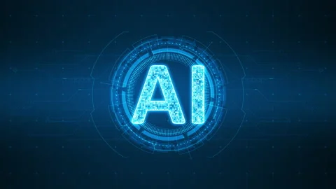 Blue AI logo with HUD circle technology interface and futuristic elements Stock Footage 219944006