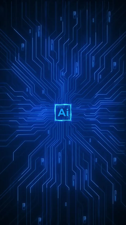Blue AI micro circuit motion glowing processor, electric pathways, interface mar Stock Footage 340403202