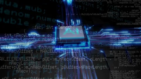 Blue AI Processor Chip Processing Binary Network Data Stock Footage 336011243