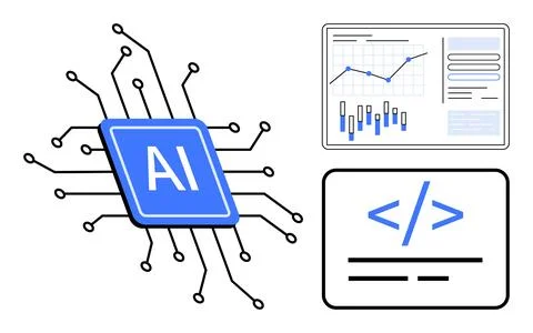 Blue AI processor with circuit lines connected to data analytics screen displ 스톡 일러스트