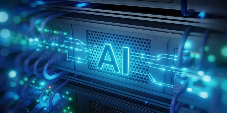 Blue AI Server Rack with Cables and Glowing Data Lines イラスト素材