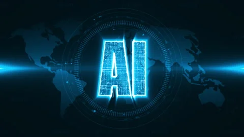 Blue AI word with head up display technology interface and futuristic Stock Footage 148490504