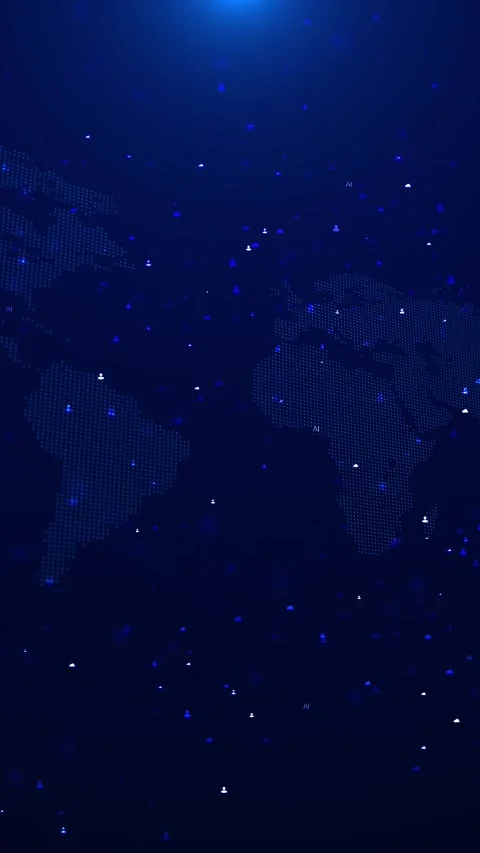 Blue AI world map background with dotted continents, tiny user icons, and dark g Stock Footage 340550107