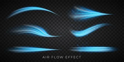 Blue air flow wave effect set. Design element for visualizing air or water flow Illustrazione stock
