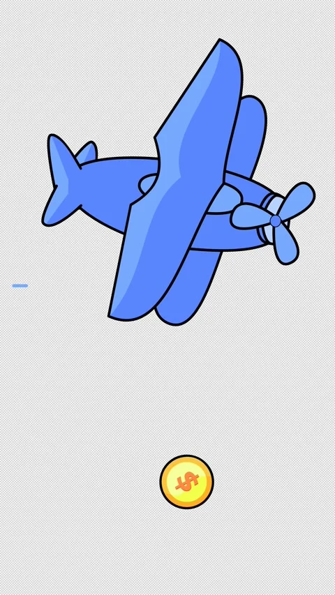 A blue airplane flying over a stack of dollar bills and coins. Cartoon animation Stock Footage 293559899