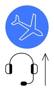 Blue airplane icon inside circle, black headset with microphone, upward black 스톡 일러스트