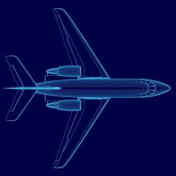 Blue airplane is shown in a blue background. The airplane is a jetliner with a Stock Illustration