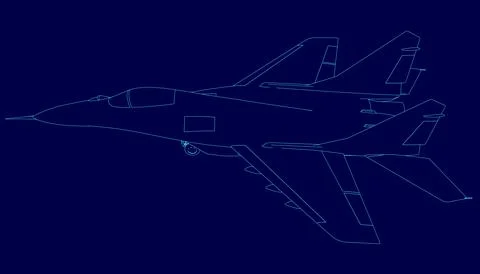 Blue airplane is shown in a blue background. The airplane is a fighter jet. The Stock Illustration