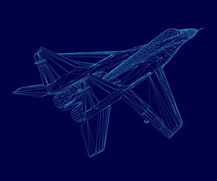 Blue airplane is shown in a blue background. The airplane is a fighter jet. The Stock Illustration