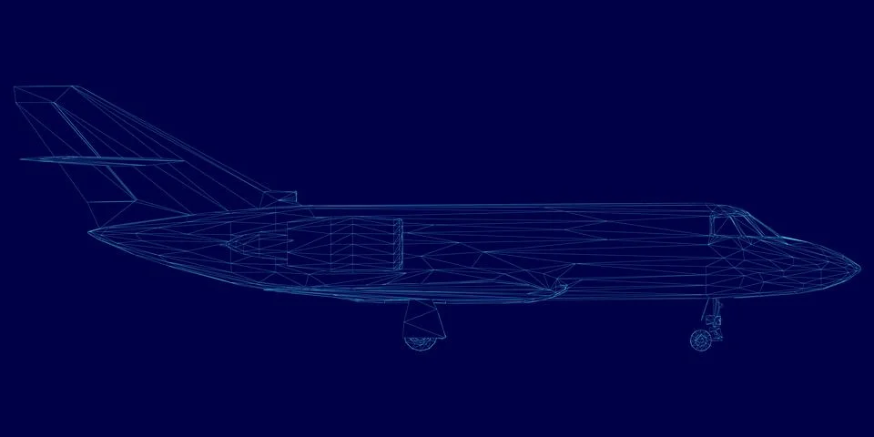 Blue airplane is shown in a computer generated image. The image is a stylized Stock Illustration