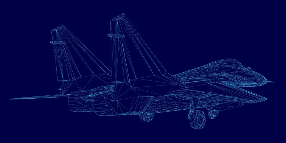 Blue airplane is shown in a computer generated image. The image is a stylized Illustrazione stock
