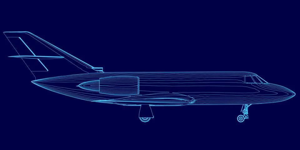 Blue airplane is shown in a computerized drawing. The image is of a jet fighter Stock Illustration