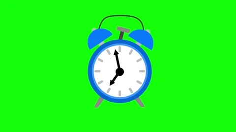 A blue alarm clock with fast-spinning hands and vibrating bells on green screen Stock Footage 334661203