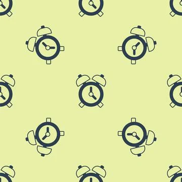 Blue Alarm clock icon isolated seamless pattern on yellow background. Wake up Stock Illustration