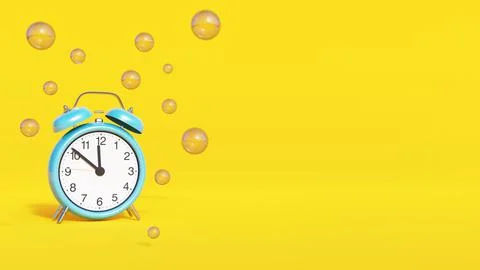 Blue alarm clock surrounded by bubbles or balloons on yellow background Stock Illustration